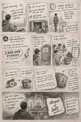 A black-and-white illustrated comic or storyboard depicting several panels, including one labeled ''Good enough' SHOT' and others discussing topics like a 'Father award' and 'stand left' signs.