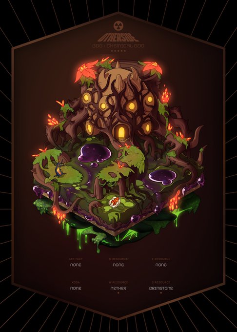 An Omensoul infographic titled 'BOG - CHEMICAL GOD' featuring an isometric illustration of a tree-like structure with glowing windows, mushrooms, and a skull, showing armor slots and resources like Nether and Brimstone.