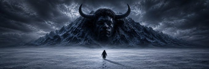 A dark, dramatic landscape featuring a colossal horned face emerging from a mountain beneath stormy clouds, with a lone hooded figure walking across a vast, icy plain toward it.