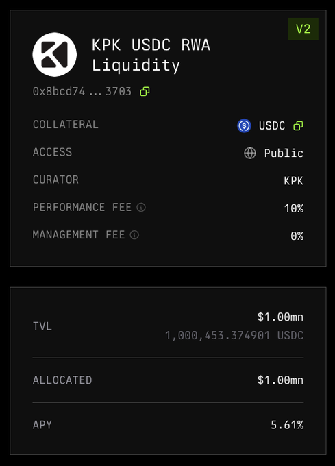 A dark interface displaying "KPK USDC RWA Liquidity" details, showing a 10% performance fee, 0% management fee, a TVL of $1.00mn (1,000,453.374901 USDC), and an APY of 5.61%.