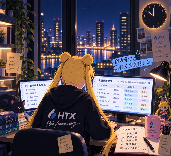 Anime-style illustration of a girl with blonde twin buns working at a multi-monitor computer setup with the HTX 13th Anniversary logo, with Chinese text thanking HTX community members.