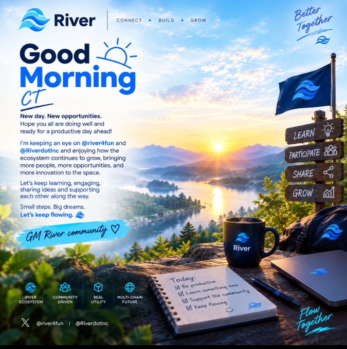 A 'Good Morning CT' social media graphic for the River platform featuring a scenic sunrise over a lake, a coffee mug with the River logo, and text promoting community engagement with hashtags like #river4fun and @Riverdotinc.