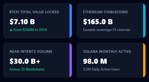 The image displays four key crypto metrics: BTCFI Total Value Locked at $7.10B (up from $304M in 2024), Ethereum Stablecoins at $165.0B (exceeding sovereign FX reserves), NEAR Intents Volume at $30.0B+ across 35 blockchains, and Solana Monthly Active at 98.0M (with 3.2M Daily Active Users). This visually reinforces the post's point about the explosive growth in BTCFI and the massive scale of Ethereum stablecoins and Solana's user base.