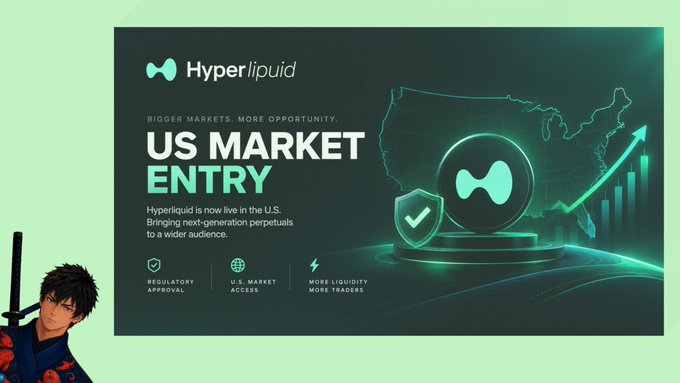 A 'Hyperliquid' announcement banner titled 'US MARKET ENTRY', stating 'Hyperliquid is now live in the U.S.' and highlighting 'Regulatory Approval', 'U.S. Market Access', and 'More Liquidity, More Traders', with an anime character illustration in the corner.