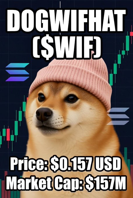 Promotional poster for the Dogwifhat ($WIF) meme cryptocurrency, showing a Shiba Inu dog in a pink beanie with a price of $0.157 USD and market cap of $157M against a candlestick chart background.