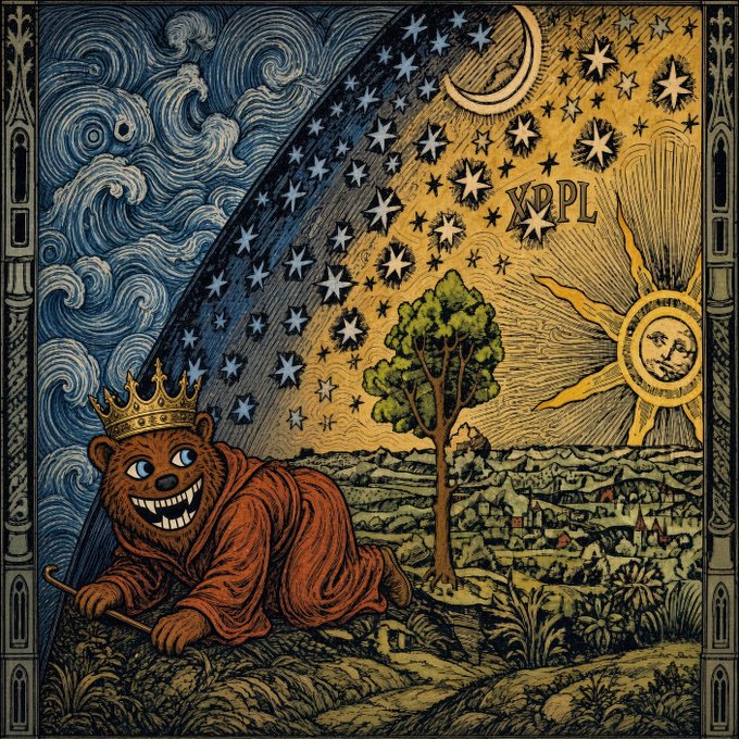 An ornate illustration combining a starry night sky and a sunlit landscape, featuring a crowned bear in a red robe, with the letters 'KRPL' in the sky and decorative gothic borders.