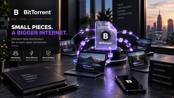 A promotional graphic for BitTorrent featuring the tagline 'SMALL PIECES. A BIGGER INTERNET.' highlighting efficient data distribution, built on Tron, with laptops and a phone displaying the BitTorrent logo.