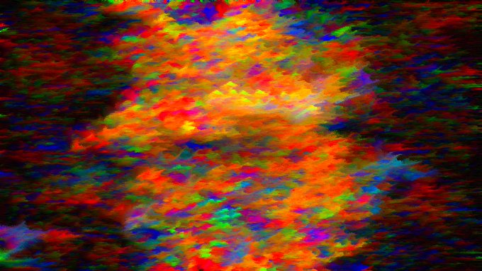 An abstract colorful digital art image featuring vibrant red, orange, yellow, green, and blue pixelated brush strokes.