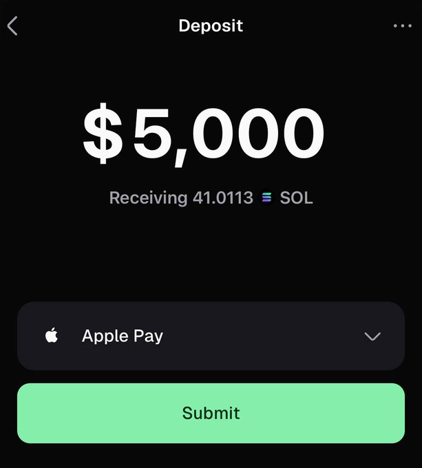 A mobile deposit interface displays a $5,000 transaction converting to 41.0113 SOL via Apple Pay, with a "Submit" button ready to execute—visually reinforcing the post's intent to quickly move funds from an incoming check into Solana.