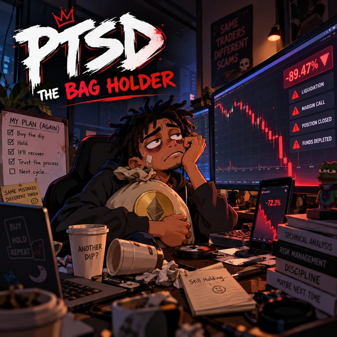 A digital illustration titled 'PTSD THE BAG HOLDER' showing a dejected cartoon character hugging a crypto coin at a desk surrounded by trading screens displaying massive losses and books titled 'TECHNICAL ANALYSIS' and 'RISK MANAGEMENT'.