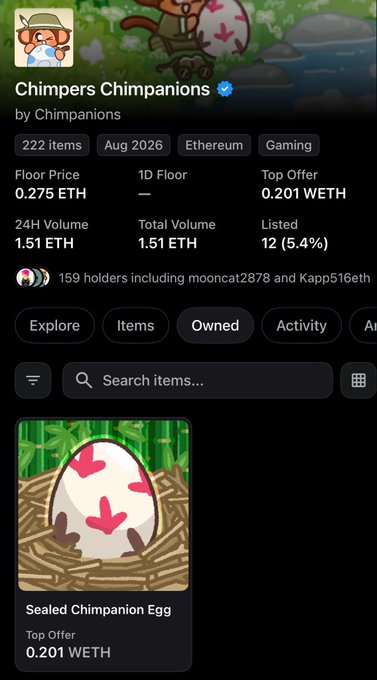 A mobile screenshot of an NFT marketplace page for 'Chimpers Chimpanions' showing stats like a floor price of 0.275 ETH, 222 items, and a featured 'Sealed Chimpanion Egg'.