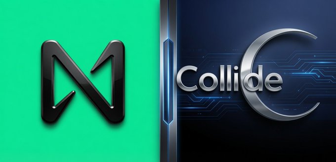 Split-screen logo graphic showing a metallic "N" logo on a green background on the left and "Collide" with a metallic "C" on a blue circuit-board background on the right.