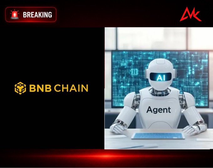 A promotional graphic with 'BREAKING' banner featuring BNB Chain logo alongside a white robot labeled 'Agent' and 'AI' against a digital data backdrop.