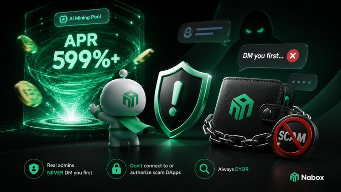 A warning graphic about crypto scams featuring 'Nabox' branding, showing a wallet with chains, a 'SCAM' lock, and text warnings like 'APR 599%+', 'DM you first...', 'NEVER DM you first', and 'Always DYOR'.
