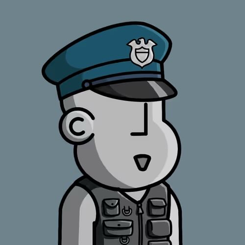 A cartoon illustration of a police officer character with a blue uniform cap and grey tactical vest, shown from the chest up against a solid grey background.