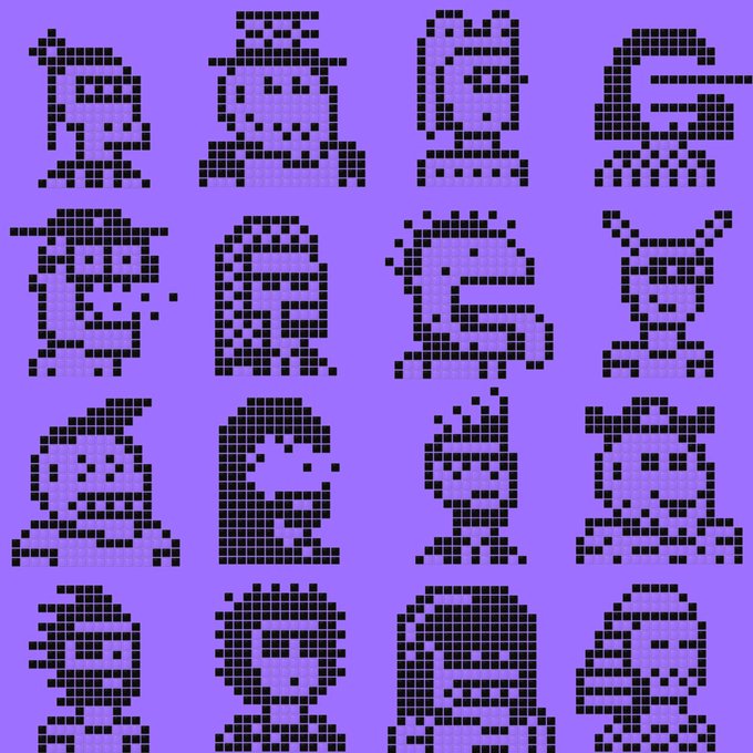A graphic design featuring a 4x4 grid of pixelated, black-and-purple character icons depicting various stylized faces and heads.
