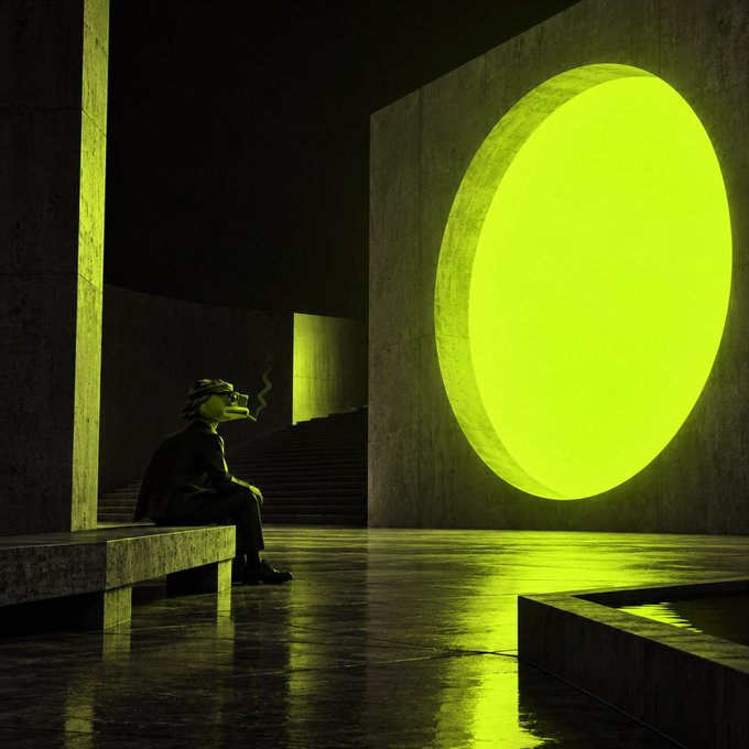 A moody, greenish-yellow lit scene shows a lone figure in dark clothing sitting on a concrete bench, gazing toward a large glowing circular portal or screen embedded in a brutalist concrete wall.