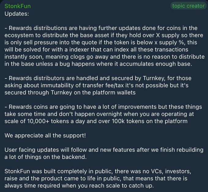 A screenshot of a 'StonkFun' topic creator update message detailing rewards distribution improvements, indexer functionality, and acknowledgments about platform scaling with 10,000+ tokens daily.