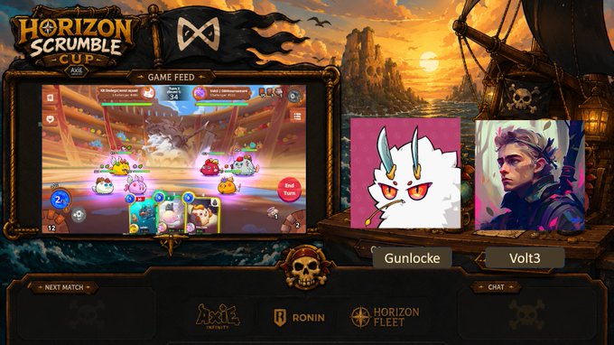 Promotional image for 'Horizon Scramble Cups' game featuring characters Gunlocke and Volt3, displayed on the Ronin blockchain with a skull pirate theme.