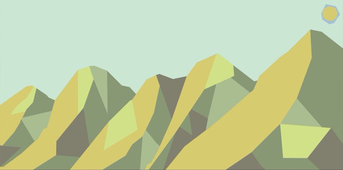 A low-poly geometric illustration of yellow and green mountain peaks beneath a pale sky with a stylized sun.