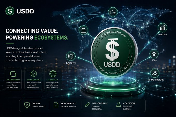 Infographic for USDD stablecoin, highlighting 'CONNECTING VALUE. POWERING ECOSYSTEMS.' with features like interoperability, programmability, security, and transparency.