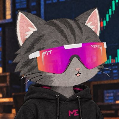 An illustrated cat wearing reflective orange "NTFSR" sunglasses and a hoodie with "MΣ" logo poses against a backdrop of green trading charts, matching the playful "Meow" caption in a crypto-trader aesthetic.
