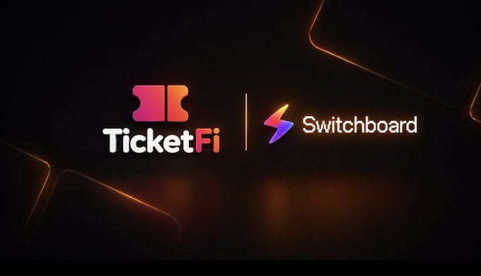 A dark promotional graphic with orange accents displaying the logos of 'TicketFi' and 'Switchboard' side by side, indicating a partnership or collaboration.