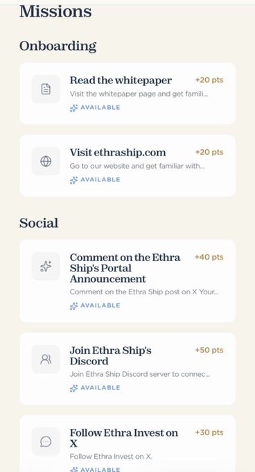 A mobile app screen titled 'Missions' showing 'Onboarding' tasks like 'Read the whitepaper' (+20 pts) and 'Visit ethraship.com' (+20 pts), and 'Social' tasks including 'Comment on the Ethra Ship's Portal Announcement' (+40 pts), 'Join Ethra Ship's Discord' (+50 pts), and 'Follow Ethra Invest on X' (+30 pts).