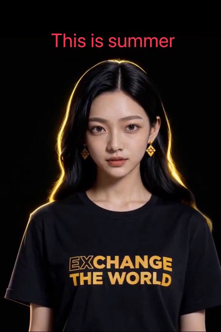 A young woman with glowing yellow outlines against a black background wears a black t-shirt with the text "EXCHANGE THE WORLD" in gold, while the text "This is summer" appears in red above her.