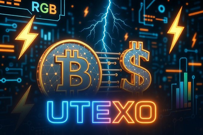 The image features a logo with two Bitcoins, one of which has a dollar sign next to it. The text "UTEXO" is written below the Bitcoins. This suggests that the project is related to Bitcoin or cryptocurrency, specifically focusing on native stablecoins backed by Bitcoin.