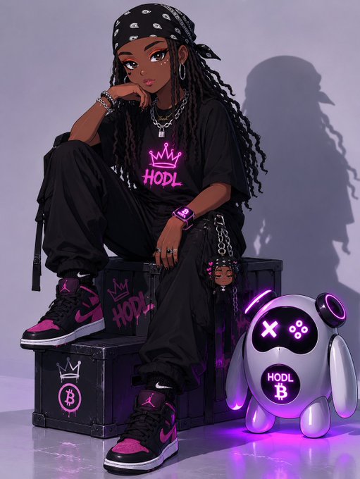 The image features a girl sitting on top of boxes while wearing black pants and a black t-shirt. She has long hair, and she's holding a white object that appears to be a robot or doll. The background of the image is gray, which contrasts with her outfit. There are also pink elements in the scene, such as a pair of shoes and a toy robot.

The post seems to be promoting Bitcoin, as it includes several logos related to Bitcoin, such as the Bitcoin symbol and the words "useTria". The girl's pose and the objects around her create an artistic and visually appealing composition that highlights the connection between the girl and the Bitcoin theme of the image.