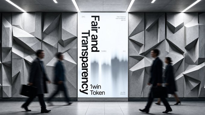 Businesspeople walk past a large poster reading "Fair and Transparency" and "1win Token" displayed on a geometric concrete wall. The image visually reinforces the post's message about 1win Token's commitment to transparency through real users, revenue, and onchain activity.