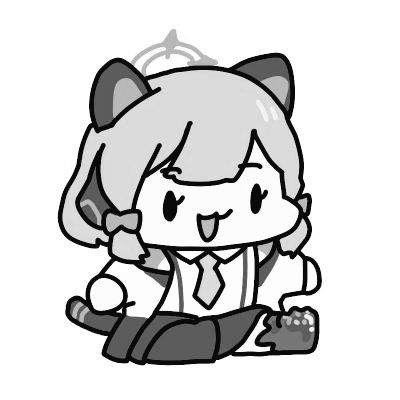 A grayscale chibi-style anime character with cat ears, a bow in her hair, and a maid-like outfit is sitting and smiling cheerfully.