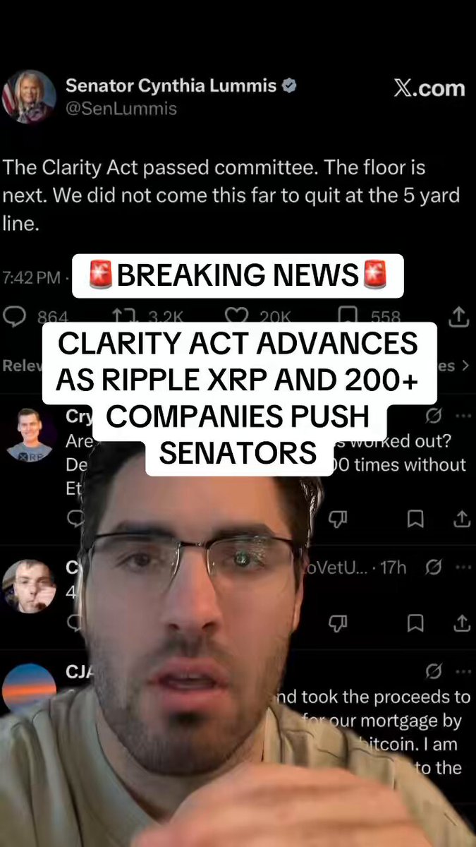 The image shows a man wearing glasses talking about an article he read, which seems to be related to cryptocurrency. The caption reads "BREAKING: Clarity Act advances has RIPPLE $XRP and 200+ companies push US Government". This suggests that there is a discussion or debate surrounding the use of cryptocurrency in relation to the clarity act. The man's perspective on this issue can provide insight into how people are reacting to the topic, which could be helpful for those interested in understanding the current state of affairs regarding cryptocurrency regulations and their impact on businesses and individuals alike.