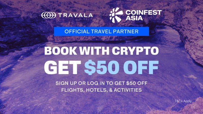 A promotional banner with a purple-tinted beach background shows Travala as the "Official Travel Partner" of Coinfest Asia, advertising "BOOK WITH CRYPTO GET $50 OFF" flights, hotels, and activities for new or returning users. The image ties directly to the post's promotion of Coinfest Asia at Melasti Beach, Bali, highlighting the travel discount for crypto-using attendees.