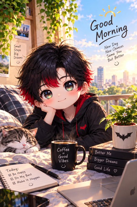 An anime-style 'Good Morning' illustration featuring a boy with black and red hair resting his head next to a sleeping cat, a 'Coffee = Good Vibes' mug, a laptop, a potted plant, and handwritten notes including 'Today: Be Happy, Do My Best, Make it Happen'.