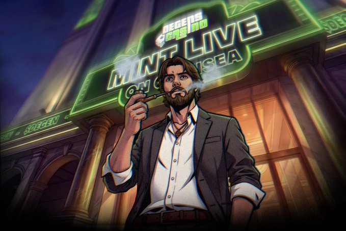 A bearded man in a suit smokes a cigar beneath a glowing neon sign reading "Mint Live on Opensea," with the Legion's Genesis logo visible above—visually announcing the collection's launch referenced in the post.