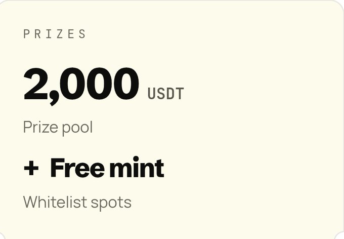 A cream-colored prize card showing 'PRIZES' with '2,000 USDT Prize pool' and '+ Free mint Whitelist spots'.