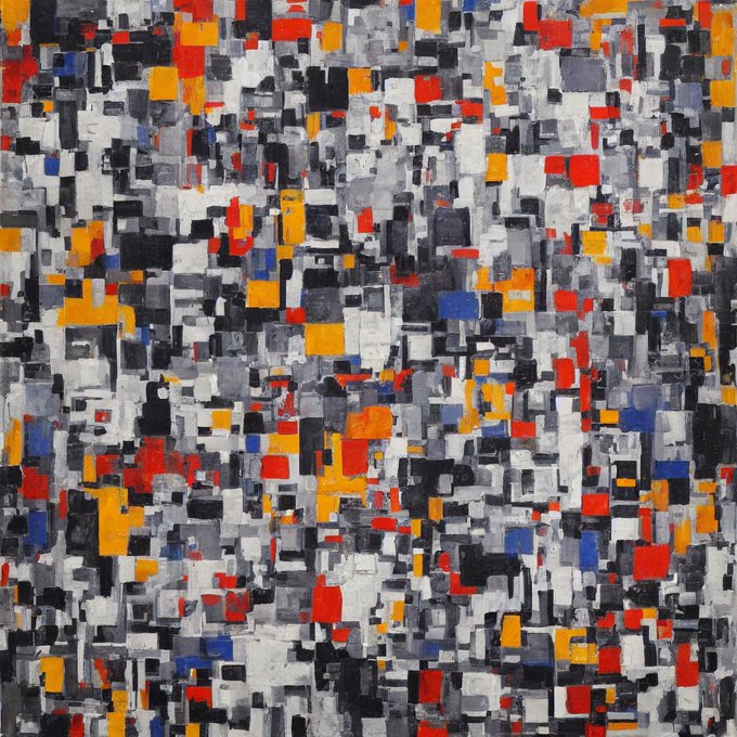An abstract painting composed of small rectangular patches in red, orange, blue, white, black, and gray.