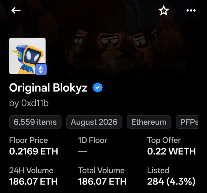 A mobile app screenshot displays an NFT collection called 'Original Blokyz' by 0xd11b on the Ethereum network, showing a floor price of 0.2169 ETH, a top offer of 0.22 WETH, and a 24-hour trading volume of 186.07 ETH.