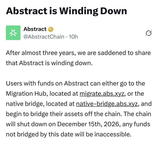 Abstract (@AbstractChain) announced on Twitter that the chain is winding down after nearly three years, directing users to migrate assets through migrate.abs.xyz or native-bridge.abs.xyz before the December 15th, 2026 shutdown, reinforcing the post's sentiment about the decline of certain Web3 projects.