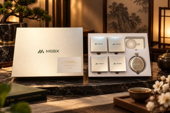 A product display showing an MGBX branded gift box containing four small cube-shaped containers, a tea tin, and other accessories, set on a marble surface with an East Asian aesthetic.