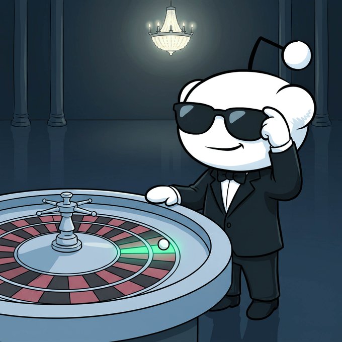 A cartoon illustration of a white character wearing sunglasses and a black tuxedo, tipping their sunglasses down while standing at a roulette table under a chandelier.