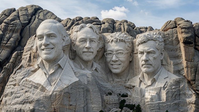 Mount Rushmore-style monument featuring carved stone busts of four men against a rocky cliff face under a blue sky.