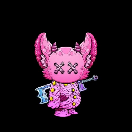 A pink axolotl-like character with X-shaped eyes holds a sword and shield against a black background.