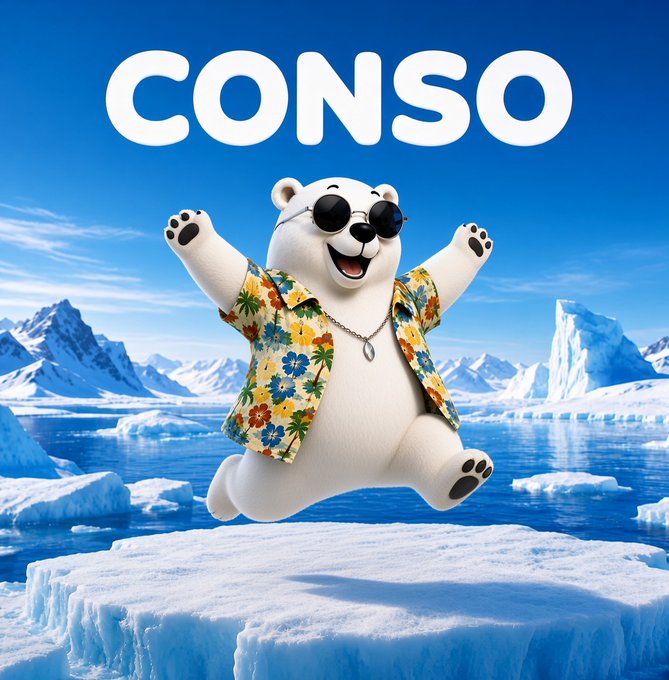A movie-style poster featuring a 3D animated polar bear wearing sunglasses and a Hawaiian shirt, jumping joyfully on an ice floe with the title "CONSO" at the top.