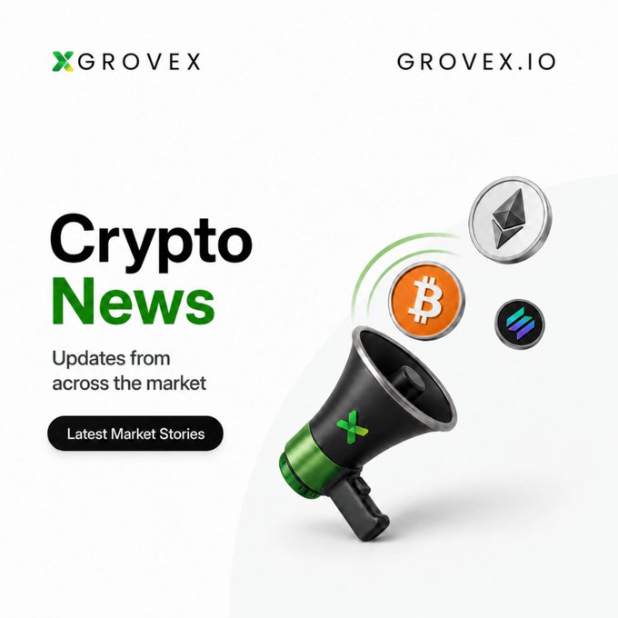 A Grovex.io promotional banner advertising 'Crypto News' updates from across the market, featuring a megaphone icon alongside floating Bitcoin, Ethereum, and Solana coin logos.