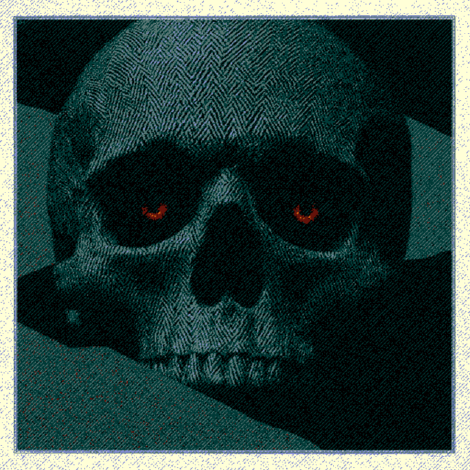 A dark, stylized illustration of a skull with glowing red crescent-shaped eyes, rendered with crosshatched texture in teal and black tones.