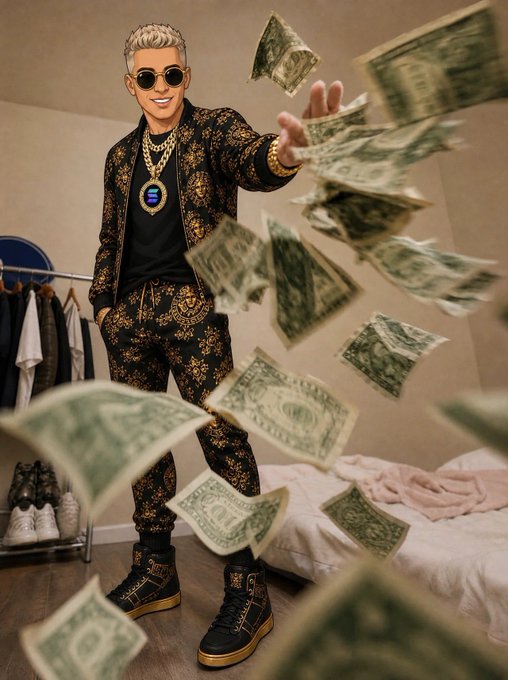 A stylish young man wearing sunglasses, gold chains, and a black-and-gold patterned outfit throws dollar bills into the air in a bedroom, embodying the confident "bullish" vibe referenced in the Solana post. The image visually represents the "wake up bullpost Solana repeat" message by showcasing wealth and a flashy, prosperous lifestyle aligned with crypto optimism.