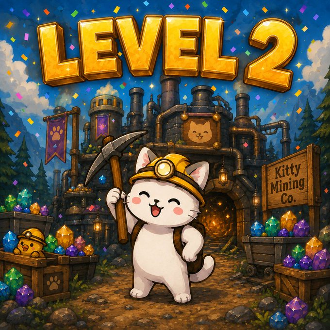 A cheerful cat miner in a yellow hard hat wields a pickaxe in front of the "Kitty Mining Co." facility, with "LEVEL 2" displayed in large golden text above, signaling the company's upgrade progress alongside piles of colorful gems.